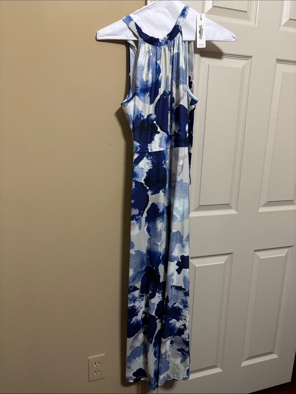 Sleeveless Blue Watercolor Halter Maxi Jumpsuit